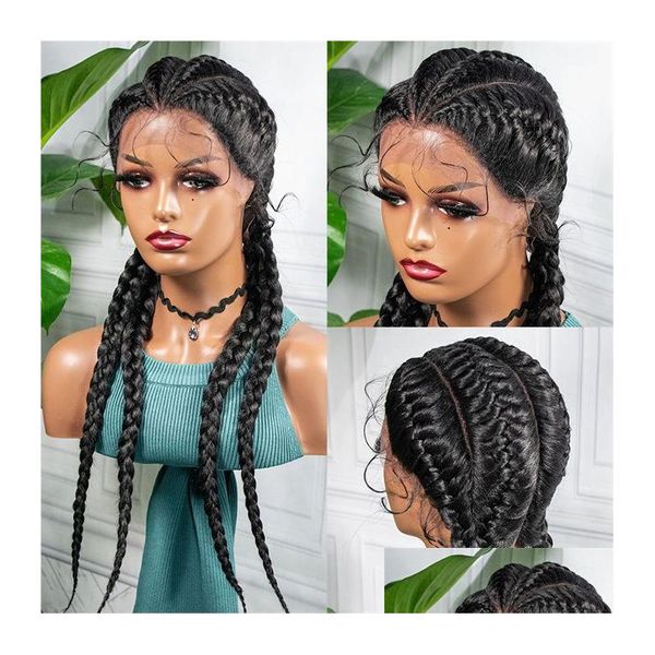 Pelucas sintéticas 28 pulgadas Peluca de pelo frontal de encaje Negro Largo para mujer africana Afro Frontal Cornrow Twist Boxeo Trenzado Drop Entrega Prod Dhsjn