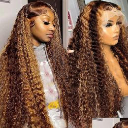 Perruques synthétiques 30 pouces 13x6 Curly Highlight Ombre HD Lace Front Human Hair Wig Brazilian 4/27 Colored Deep Wave 13x4 Frontal For Drop Dhyxe