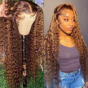 Perruques synthétiques 30 pouces Highlight Honey Brown Curly Lace Front Human 13x6 13x4 Remy Ombre Colored Deep Wave Frontal pour les femmes 230629