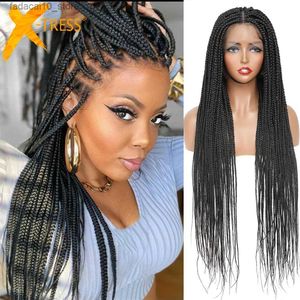 Perruques synthétiques 32 Full Lace Front Box tressées sans nœuds, tresses noires frontales avec cheveux de bébé pour femmes X-TRESS Q240116