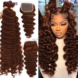 Perruques synthétiques # 33 Auburn Brown Ombre Coloré Loose Deep Wave Bundles de cheveux bruts avec fermeture en dentelle frontale 5x5 HD Lace Closure et BundlesL240124