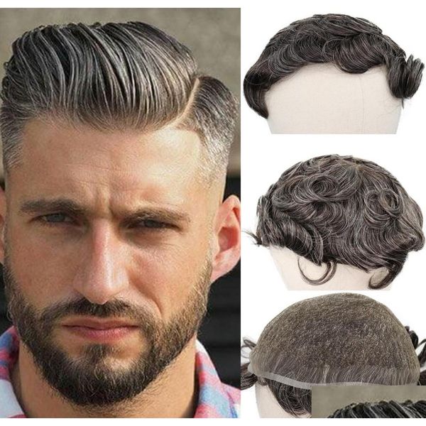 Perruques synthétiques 40 cheveux humains gris hommes toupet système de remplacement indien Remy 6 pouces bouclés pour hommes postiche en dentelle française6710052 Drop Dh7Ap