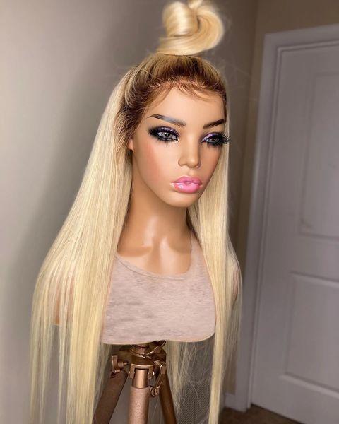 Perruques synthétiques 613 HD Lace Frontal Wig cheveux humains racine brune blonde brésilienne vierge 13x4 sans colle droite 4x4 fermeture pour femmes 230927