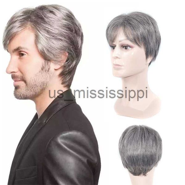 Perruques synthétiques 6 pouces court mixte noir gris synthétique vague droite coupe de cheveux perruques pour jeunes hommes haute température fibre quotidienne votre beauté x0826