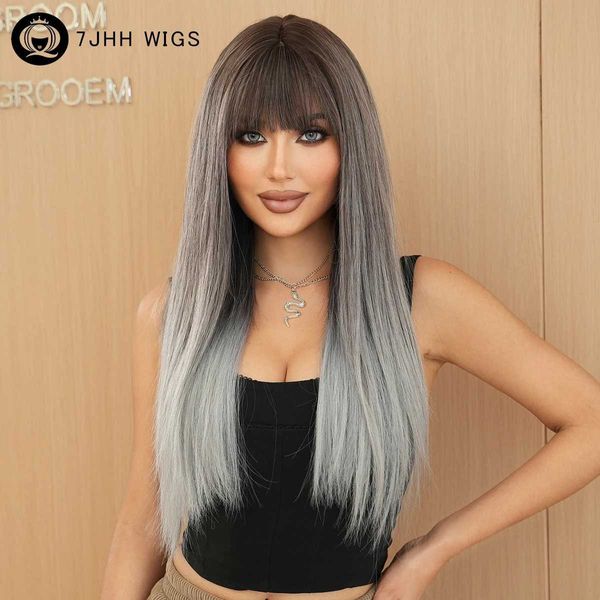 Perruques synthétiques 7jhh Vêtements de perruque synthétique long gris raide avec racines sombres cheveux en couches haute densité Bangs de frange soignée adaptées aux femmes Q240427