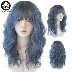 Perruques synthétiques 7JHH perruques bleu vague profonde perruque avec frange pour les femmes longs cheveux bruns ombrés en couches résistant à la chaleur Cosplay fête perruque synthétique 240328 240327