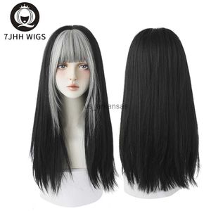 Perruques Synthétiques 7JHH PERRUQUES Surbrillance Gris Noir Kinky Droite Perruques Synthétiques Avec Une Frange Duveteuse Pour Les Femmes Porter Quotidien Toupee Cheveux Résistant À La Chaleur HKD230818