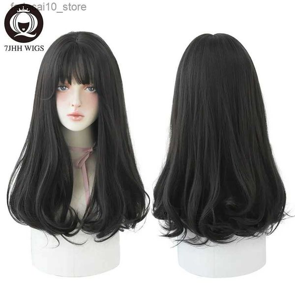 Perruques synthétiques 7JHHWIGS longs ondulés noirs pour femmes avec frange mode résistant à la chaleur mi-longueur quotidienne droite cheveux brun clair Q240115