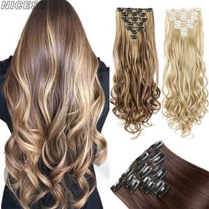 Synthetische pruiken 7 stks/set 16 clips haar lang golvend synthetisch haarstukje steil haarstukken zwart bruin gemengde kleur voor vrouwen 240329