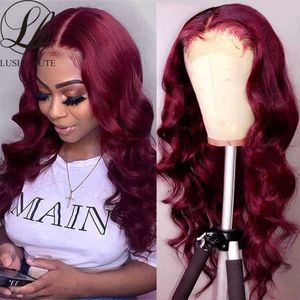 Synthetische pruiken 99J Body Wave Lace Wigs 13x4 Side Deel Red Bourgondië Synthetische midden T voor vrouwen Glueless 180% Dichtheid 230227