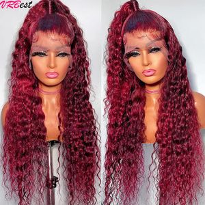 Synthetic Wigs 99J Colored Lace Front Human Hair Deep Wave Burgundy 13x4 HD Transparent Frontal Glueless Wine Red For Women 230329