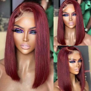 Synthetische pruiken 99J Wig rechte bob zijde deel kant kant front s voor vrouwen bordeaux s Braziliaanse Remy Hair Short Human 230227