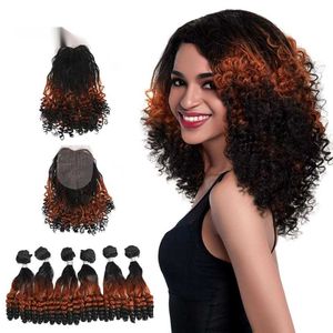 Synthetische Pruiken Afro Kinky Krullend Haar Bundels 14 Inch 7 stuks/partij Bovenste Rechte Onderste Bocht Synthetische Kant met Sluiting Vezel 230227