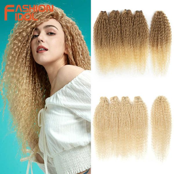 Perruques synthétiques Afro Kinky Curly Hair Bundles 5pcs / pack 24 pouces Ombre Blonde Nature Noir Couleur Fibre de tissage synthétique 230227