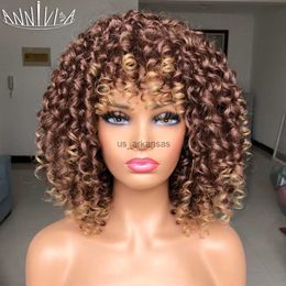 Synthetische pruiken afro kinky krullende pruik met pony voor zwart -witte vrouwen synthetische omber gluess Natural High Temperature Curls Annivia HKD230818