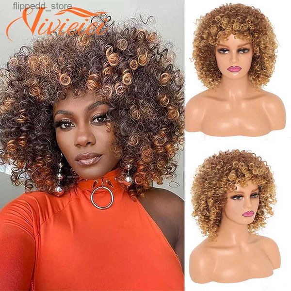 Pelucas sintéticas Peluca rizada afro rizada con flequillo Pelucas sintéticas cortas para mujeres negras Peluca negra Sin cola Cosplay Cabello Alta temperatura VIVIEIEI Q231021