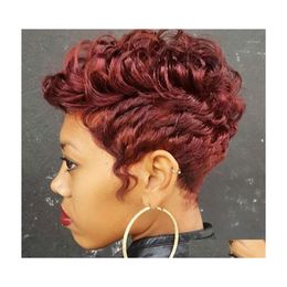 Perruques Synthétiques Afron Pixie Cuts Court Noir Jaune Vin Vague D'eau Aspect Naturel Résistant À La Chaleur Perruque De Cheveux Pour Les Femmes Drop Delivery Pr Dhwux