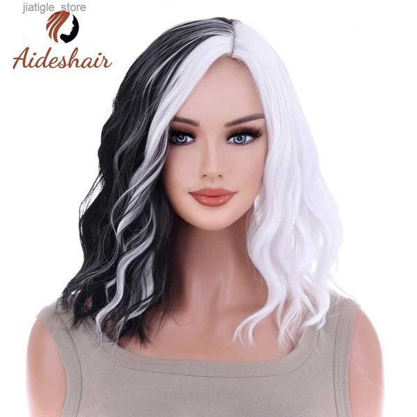 Perruques synthétiques Aideshair 14 femmes filles courtes boucles Bob Bob Wig Body Wave Halloween Cosplay Wigs Daily Party (noir et blanc) Y240401