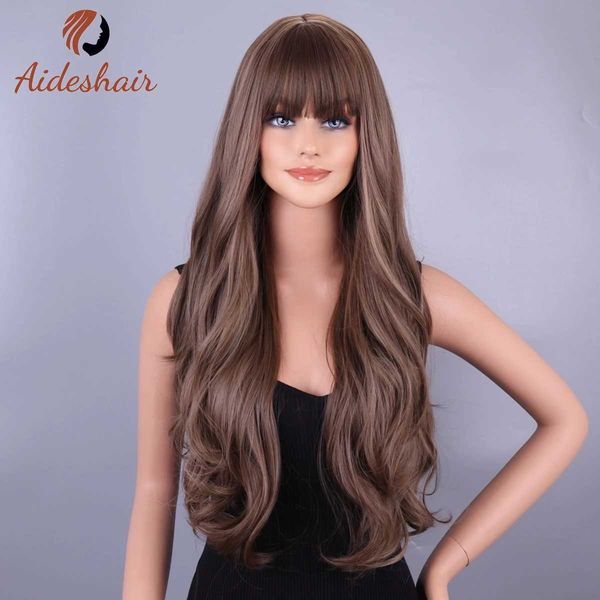 Perruques synthétiques Aideshair marron pour femmes noires longues ondulées Ombre blonde perruques avec frange perruque synthétique perruques de remplacement 240328 240327