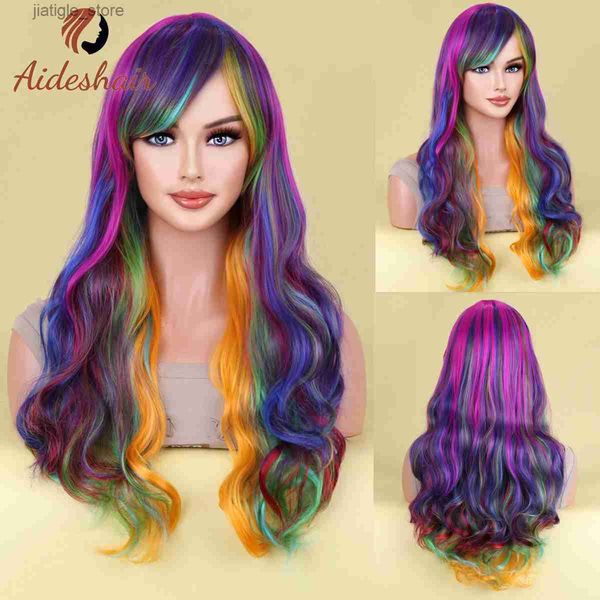 Perruques synthétiques Aideshair Cosplay Wig Christmas Purple Half Pink Synthetic Hair Wigs with Bangs for Black White Woman Heat Y240401