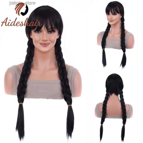 Perruques synthétiques Aideshair European et américain Black Hair Long Hand Traided Twist Braid Fibre Cair Big Braid Wig Double Braid Head Set Y240401