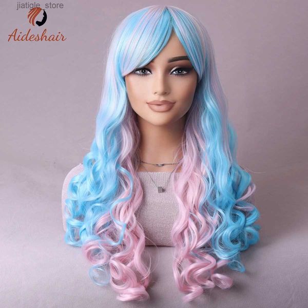 Perruques synthétiques Aideshair Long Wave Curly Wig Cosplay Anime Harajuku Multi-couleur Fashion Wig Long Curly Hair Festival Wear Y240401