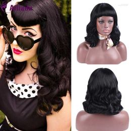 Synthetische pruiken AILIADE 2023 Kort golvend retro-stijl met gekrulde pony Rockabilly vintage zwarte kleur voor dames Dagelijks/Cosplay