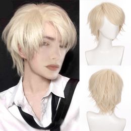 Perruques Synthétiques Ailiade Mode Hommes Perruque Courte Blonde Jaune Clair Avec Une Frange Pour Hommes Femmes Garçon Cosplay Costume Anime Halloween 230314