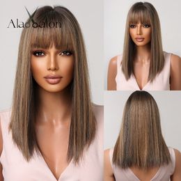 Perruques synthétiques ALAN Bob frange droite de longueur moyenne pour femmes brun blond mixte usage quotidien Cosplay résistant à la chaleur 230324