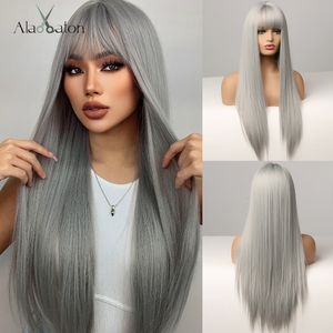 Perruques Synthétiques ALAN Cosplay Argent Gris Perruque pour Femmes Naturel Long Soie Cheveux Raides Avec Une Frange Pour Fille Fibre Résistant À La Chaleur 230324