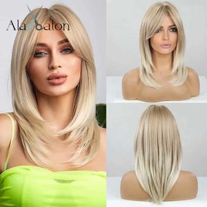 Synthetische pruiken ALAN EATON Lang Blond Gelaagde pruiken voor dames Synthetische pruik met pony Natuurlijk ogend Recht Hoge temperatuur haar voor Dagelijks 240328 240327