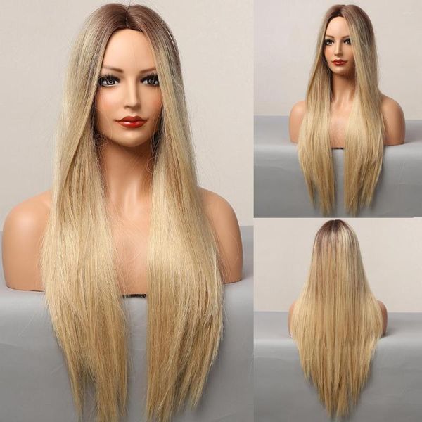 Perruques synthétiques ALAN EATON longue soie droite Ombre brun blond doré pour les femmes résistant à la chaleur naturel partie moyenne cheveux