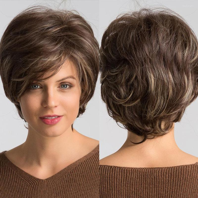 Synthetic Wigs ALAN EATON Short Pixie Cut Wavy Hair With Side Bangs Natural Mixed Dark Brown Blonde Golden For Black Women