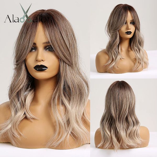 Perruques Synthétiques ALAN Cheveux Ombre Brun Blond Cendré Clair Onde Moyenne pour Femmes Noires Fibre Résistant À La Chaleur Quotidien Faux 230417