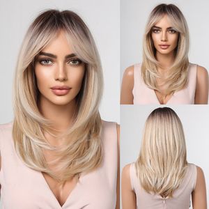 Synthetische Pruiken ALAN Lange Blonde voor Vrouwen Haar Pruik met Fringe Ombre Kleur Donkere Wortels Gelaagde Hittebestendige 230630