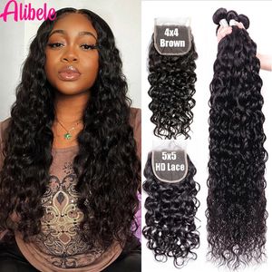 Perruques synthétiques Alibele 5x5 HD Lace Closure avec faisceaux Malaisie vague d'eau cheveux humains longs 4x4 231115