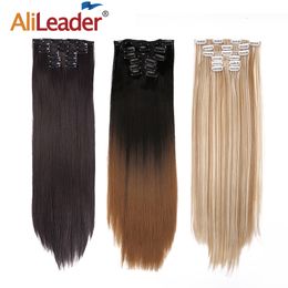 Synthetische Perücken Alileader Clip-on-Haar 6-teiliges Set 22 Zoll gerades Haarteil lockig 16 Clips in Ombre hitzebeständige Faser 230630