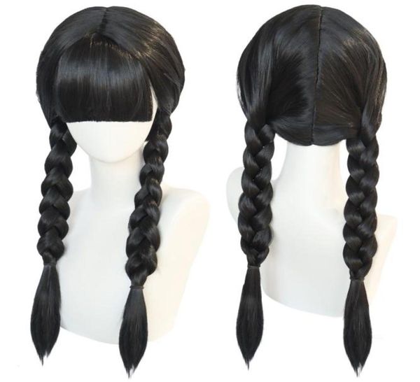 Perruques synthétiques anogol mercredi adddams cosplay wig film the family long Black tresds hair with bangs for Halloween Party 2302142858032