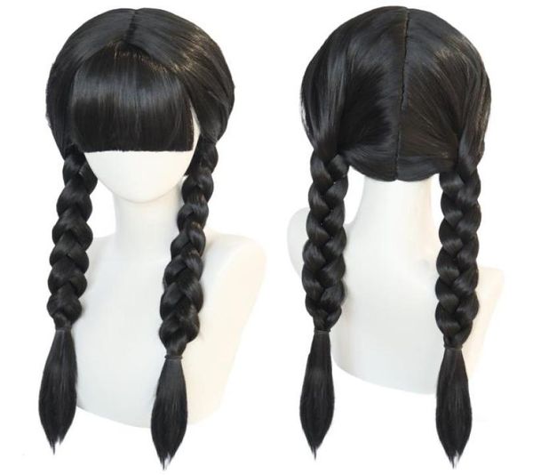 Perruques synthétiques anogol mercredi adddams cosplay wig film the family long Black tresds hair with bangs for Halloween Party 2302142485326