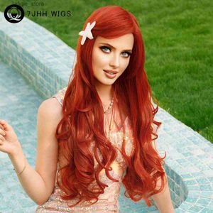 Perruques synthétiques Wig Aquamarine Synthétique Long Curly Orange Red Mermaid Wig With Bangs Wigs Loose Body Wigs For Women Halloween Party Cosplay Wig Y240401