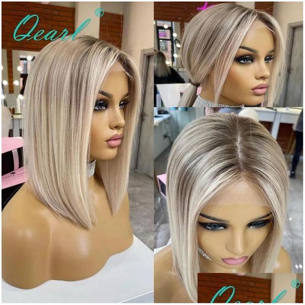 Perruques synthétiques Ash Blonde Highlight Lace Front Wig Cheveux Humains 360 Perruques Frontales HD Transparent Court Droit Bob Pour Femmes Synthétiques Dhsgf