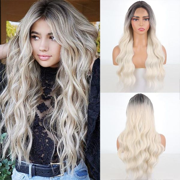 Pelucas sintéticas Ash Blonde Lace Front Hairline Peluca Ombre para mujeres Cosplay Er Long Natural Wave Hair