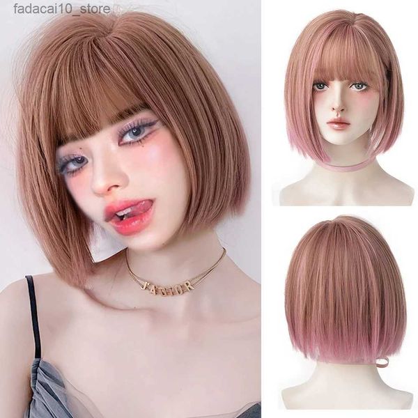Perruques synthétiques Frange Perruque Synthétique Peluca Con Flequillo Muje Blonde Brun Rose Violet Lolita Bobo Perruque Cosplay Mode Quotidien Perruque Courte Femmes Q240115