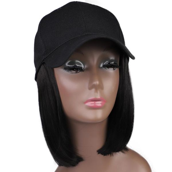 Perruques synthétiques chapeau de baseball avec cheveux attachés pour les femmes coiffures courtes Bob facile à utiliser noir réglable