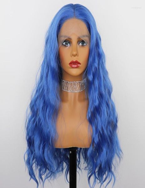 Pelucas sintéticas Hermoso diario Peluca delantera de encaje rizado suelto Color azul 13x4 para mujeres Cabello sin cola Kend223946886