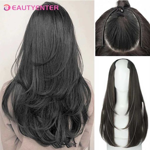 Perruques synthétiques beauté cheveux en forme de U Cheveux synthétiques longs Clip raide dans les cheveux faux cheveux noirs Ren Pièces de cheveux pour femmes 240329