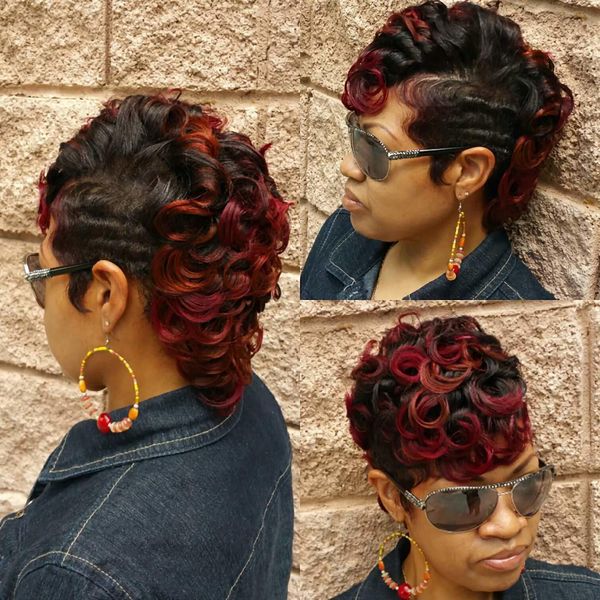 Perruques synthétiques BeiSDWig Black Women's Short Umbrey Burgundy Hairpin African Women's Curled Hairpin Pixie Women's Curled Headwear 230704