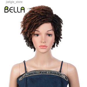 Synthetische pruiken Bella Afro Kinky Curly Wig Synthetische korte pruik 10 inch Dreadlock Curly Hair Ombre Red Blonde Orange Cosplay Pruiken voor zwarte vrouwen Y240401