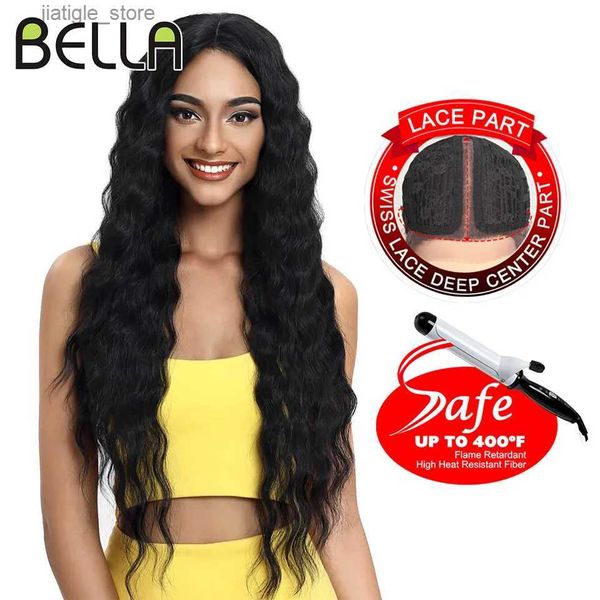 Perruques synthétiques Bella Lace Wigs synthétique onde profonde bouclée en dentelle synthétique perruque blonde blonde rose 30 pouces perruques de cheveux pour femmes noires cosplay y240401