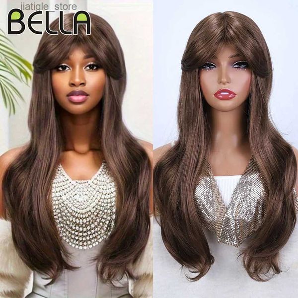 Perruques synthétiques Bella perruques droites longues avec une frange brun doré brun synthétique perruques pour les femmes noires cosplay wig perruque résistante à la chaleur Fibre Y240401